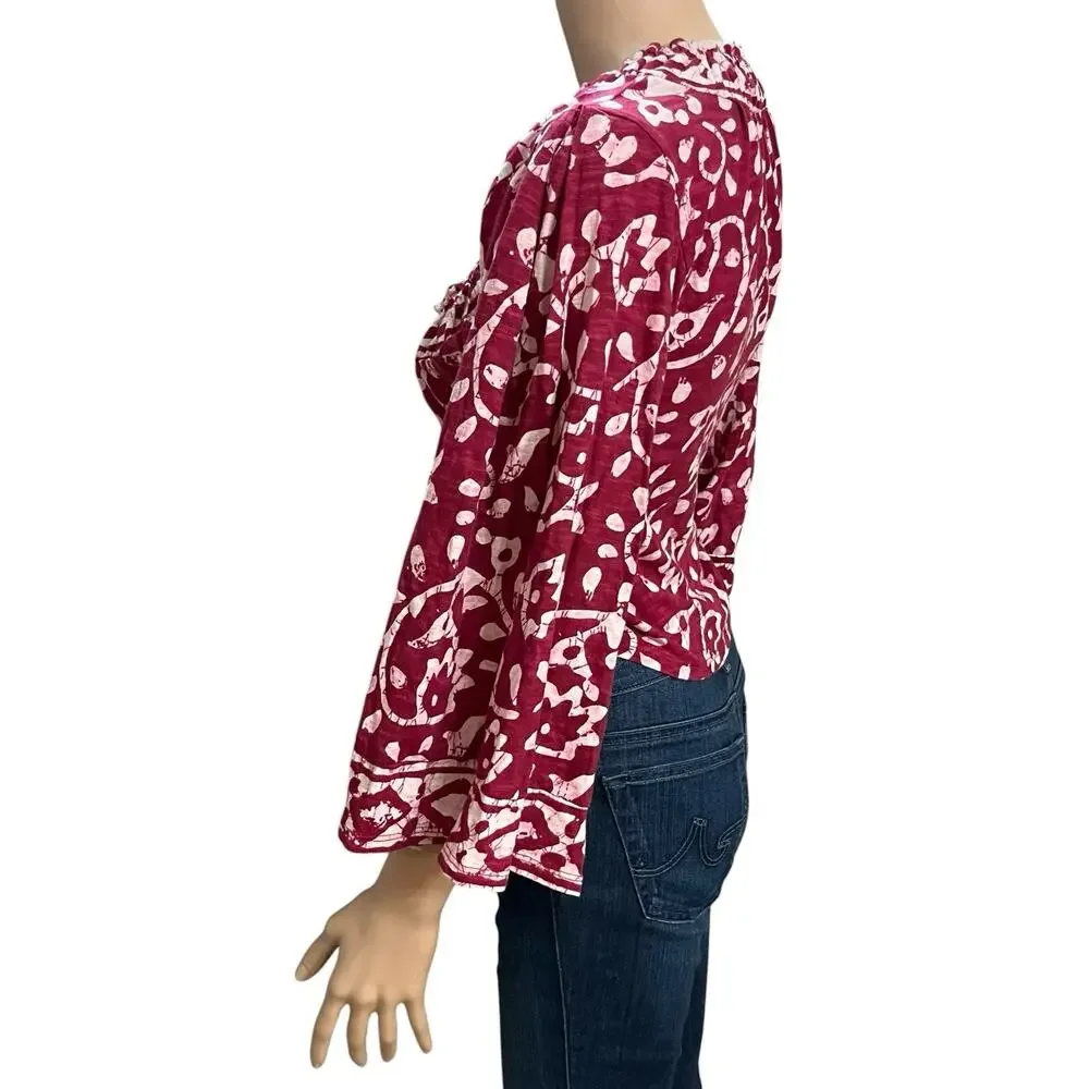 Free People On The Block Batik Print Top XS Bell Sleeve Cropped Boho Berry Combo